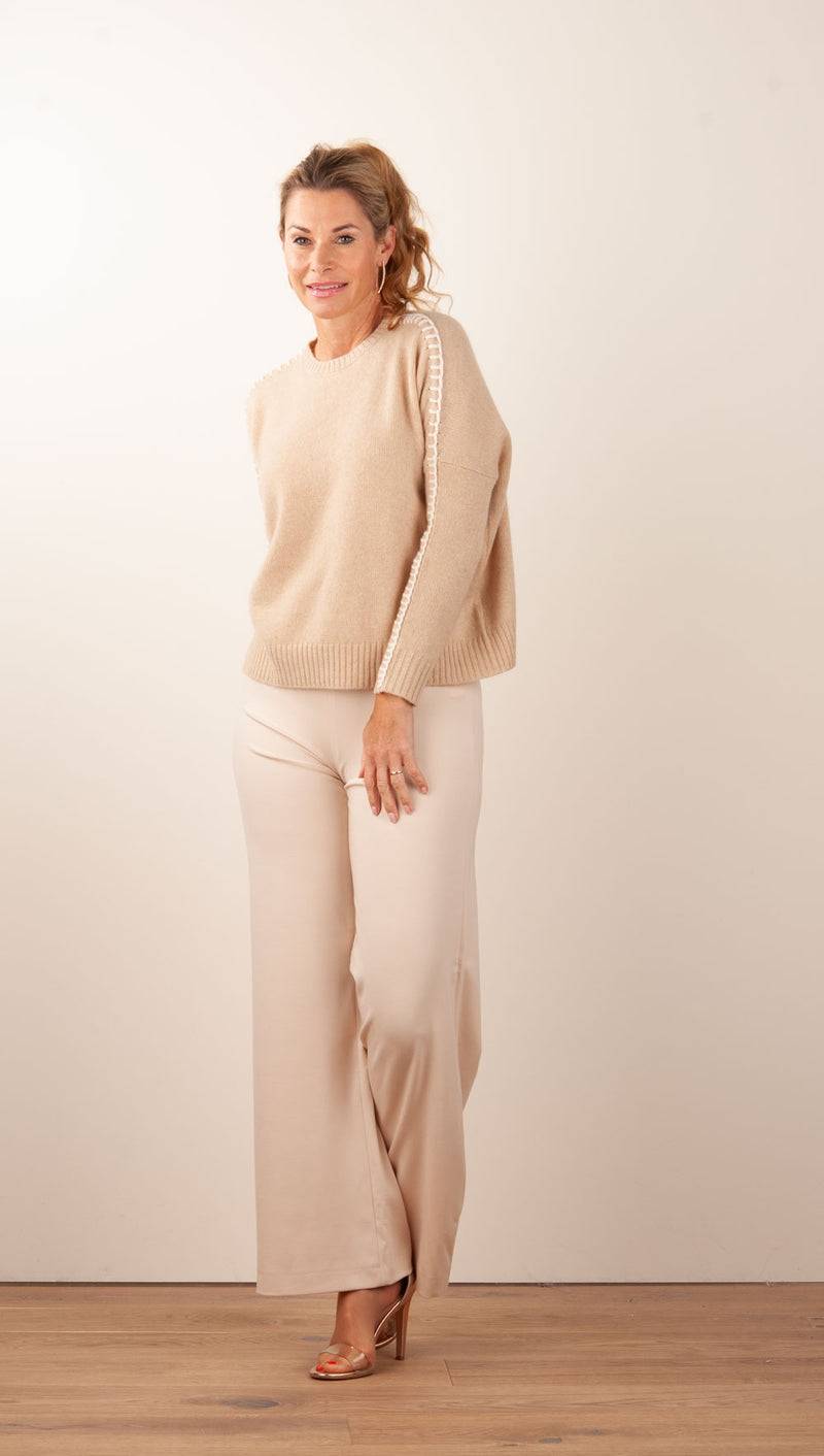 Kujten Kaschmir Pullover „Stitching“ Beige Speichern exportieren