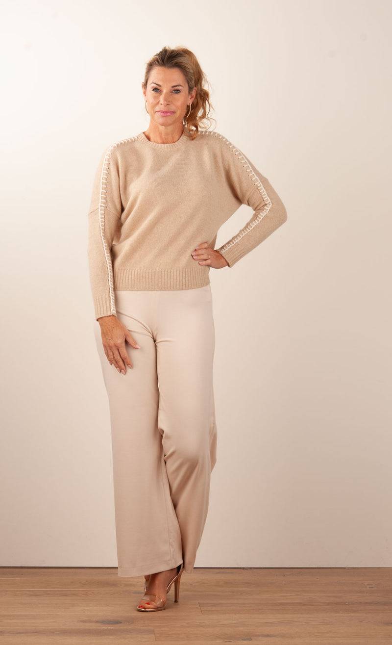Kujten Kaschmir Pullover „Stitching“ Beige Speichern exportieren