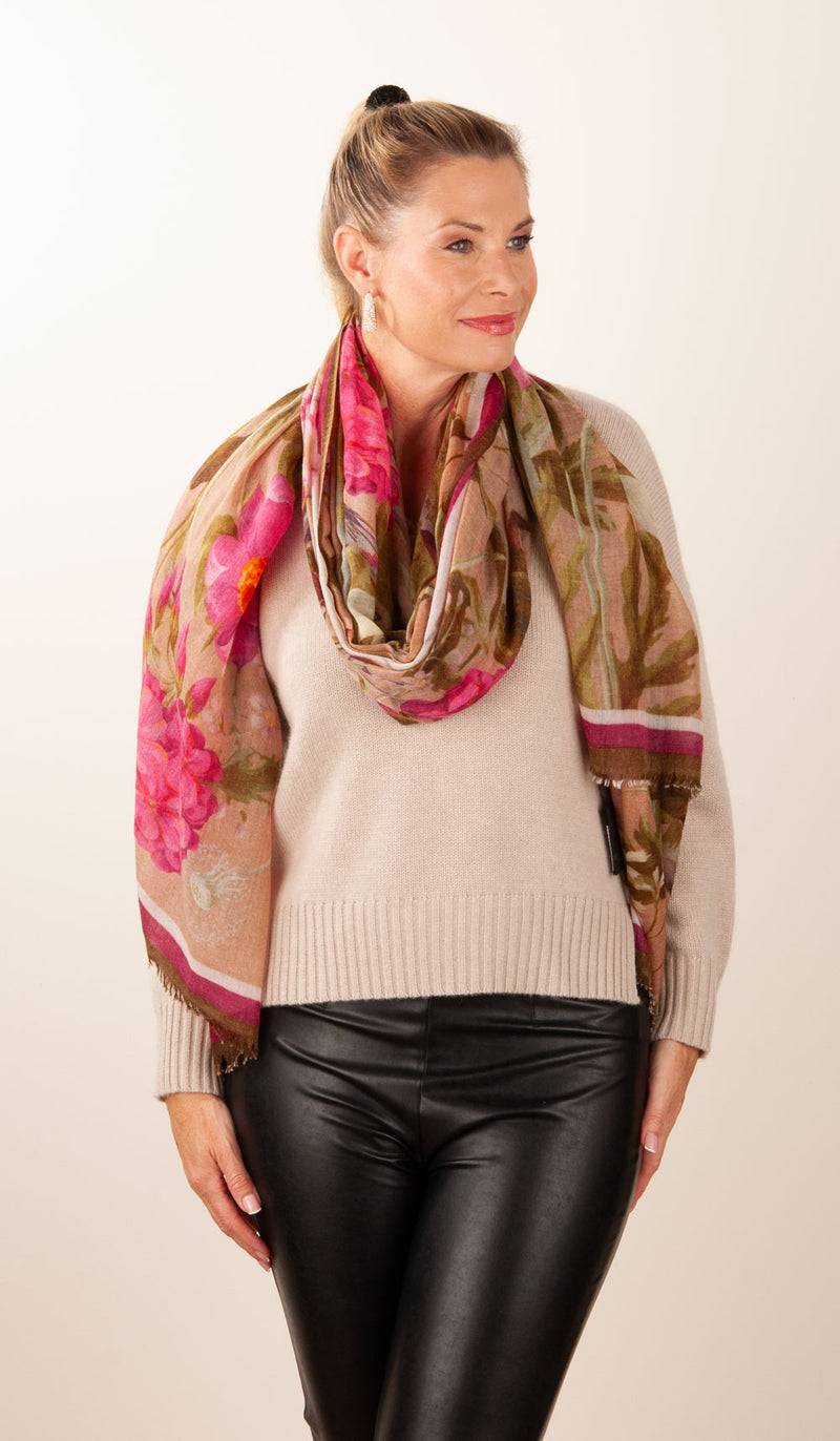 Simone Bruns Schal „Blumen & Blätter“ Taupe | Multicolor Räumungsverkauf