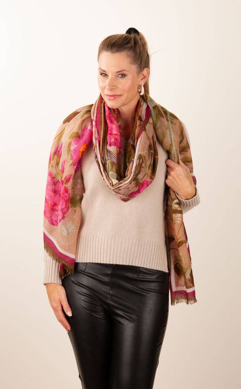 Simone Bruns Schal „Blumen & Blätter“ Taupe | Multicolor Räumungsverkauf