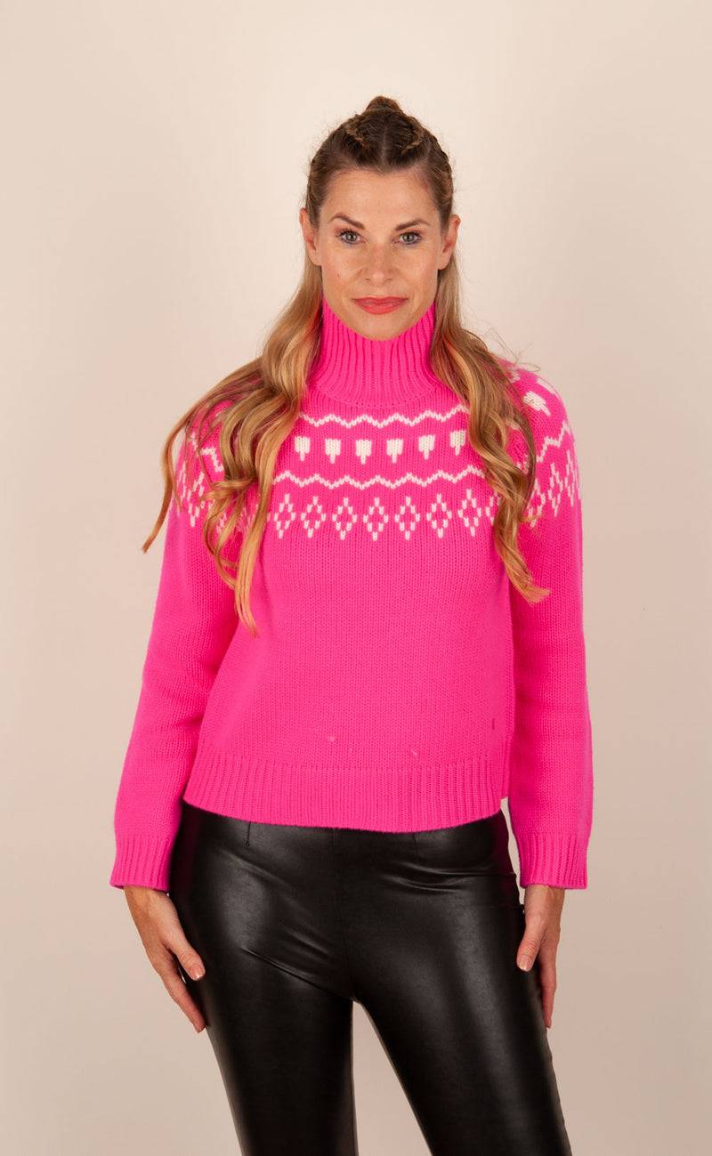 Kujten Kaschmir Pullover „Norweger“ Neonpink | Weiß