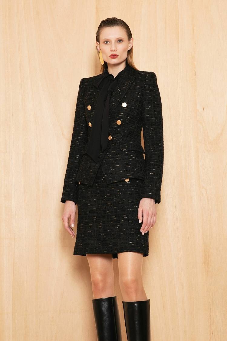 Sly 010 Doppelreihiger Tweed-Blazer mit Goldknöpfen Kauf eins, bekomm eins gratis