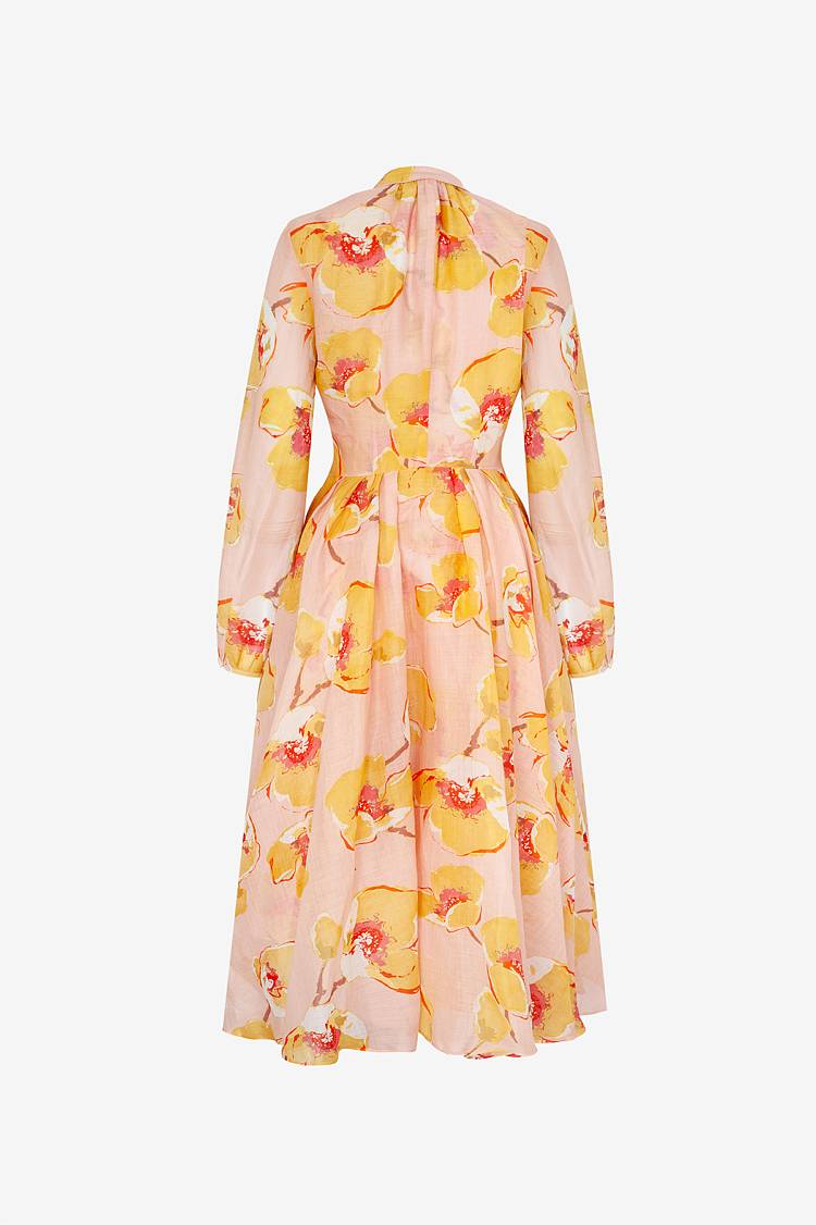 Sly 010 Tailliertes Midi-Kleid aus Ramie mit Blumendruck Weihnachtsangebot