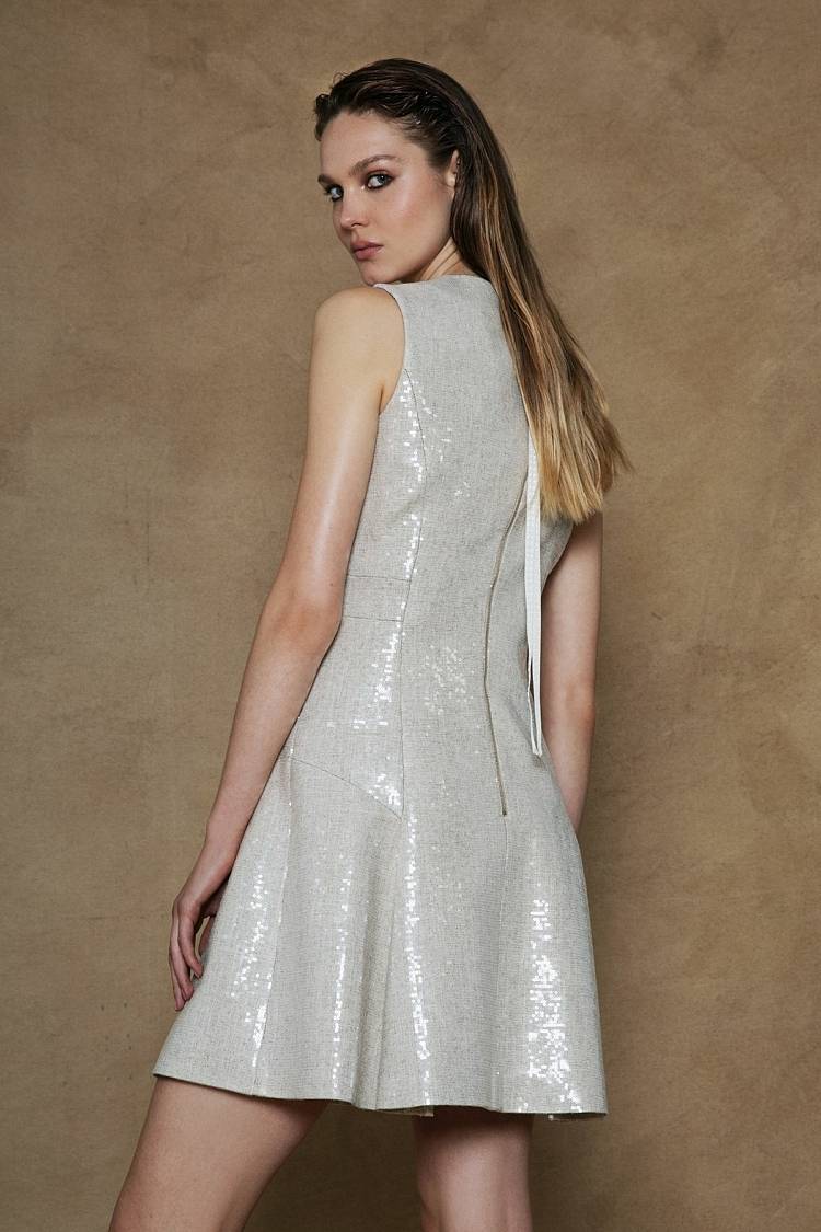 Sly 010 Ärmelloses Pailettenkleid aus Viskose-Leinen-Mix Sonderangebot der Fabrik