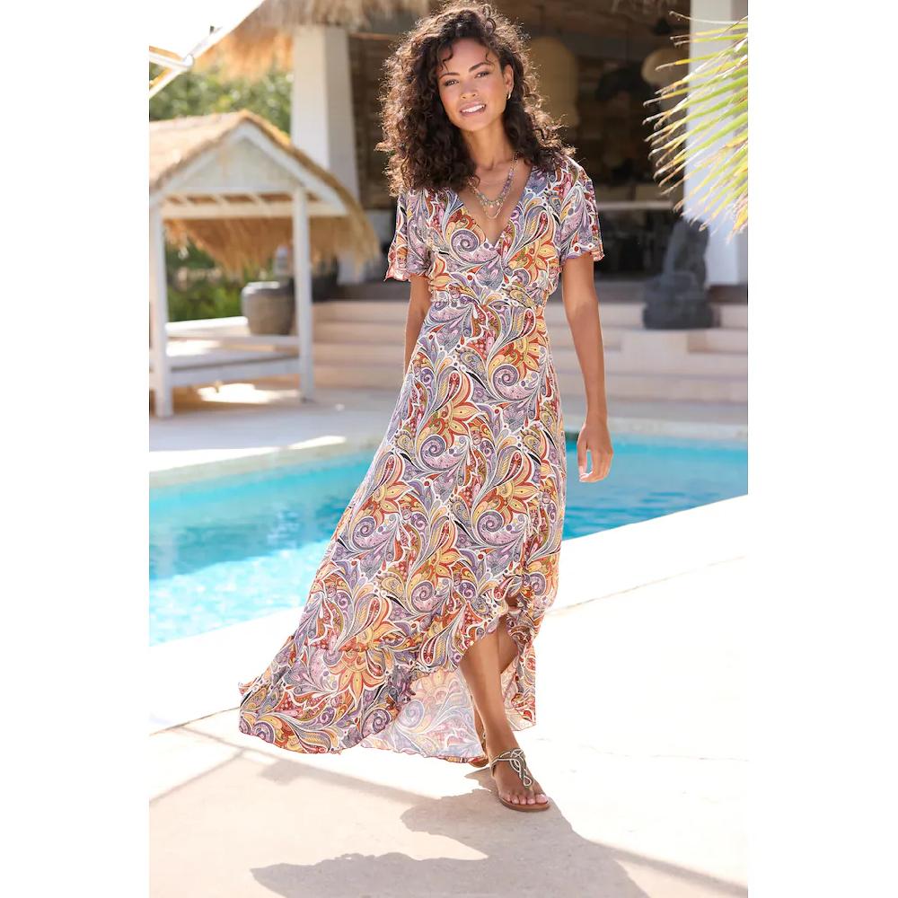 LASCANA Maxikleid mit Paisleydruck Schlitz und Volant Flügelärmel Druckkleid zollfrei