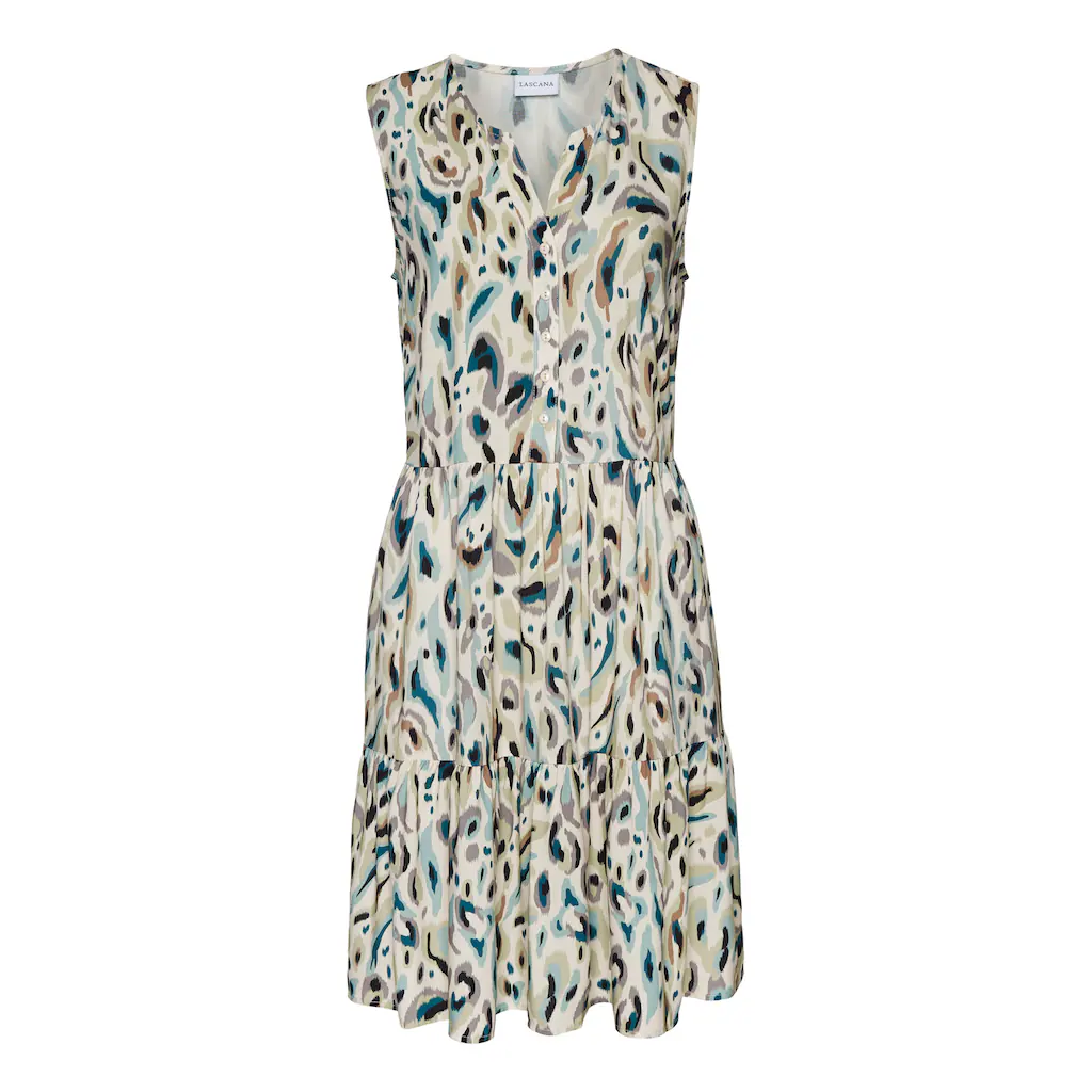 LASCANA Druckkleid mit Raffungen im Rockteil Sommerkleid mit Knopfleiste Strandkleid Jubiläumsangebot