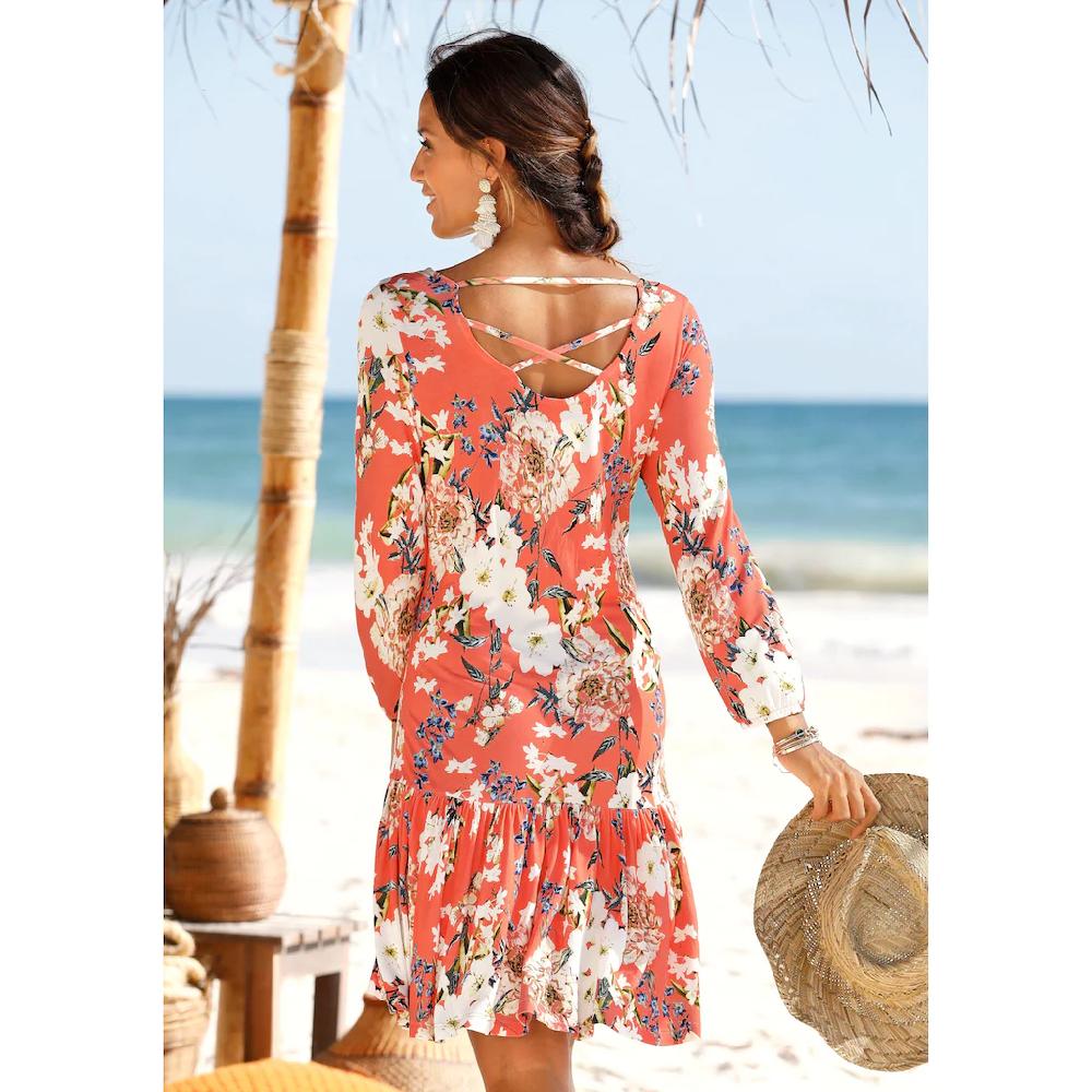 s.Oliver Jerseykleid mit Blumenprint und Volantrock 3/4-Ärmel Sommerkleid Strandkleid 50% Rabatt für begrenzte Zeit