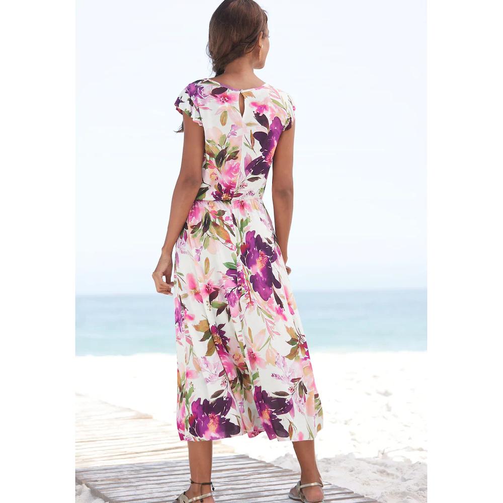 Beachtime Midikleid mit Blumendruck und Gummizug Sommerkleid Strandkleid Weihnachtsangebot