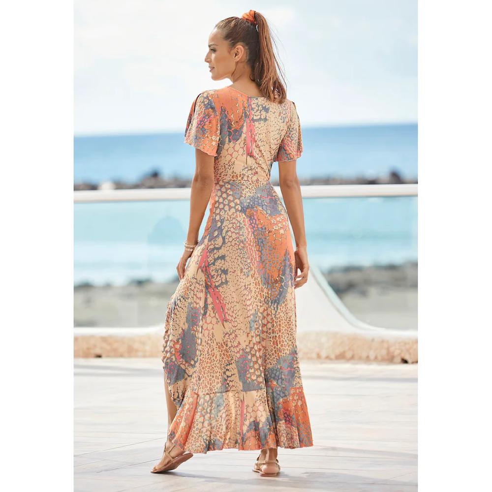 Buffalo Maxikleid mit Animalprint Schlitz und Volant Flügelärmel Druckkleid Online Outlet