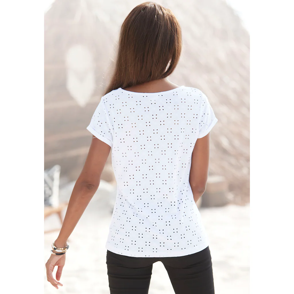 LASCANA Strandshirt mit Lochstickerei T-Shirt Kurzarmshirt Basic Discount Store für neue Produkte