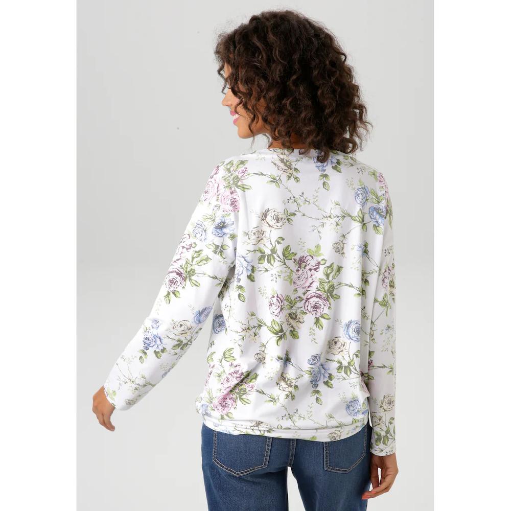 Aniston CASUAL Langarmshirt mit silberfarbenen Schriftzug verzierter Rosendruck - NEUE KOLLEKTION Große Rabatte