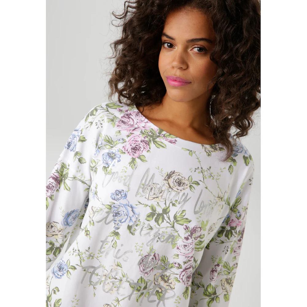 Aniston CASUAL Langarmshirt mit silberfarbenen Schriftzug verzierter Rosendruck - NEUE KOLLEKTION Große Rabatte