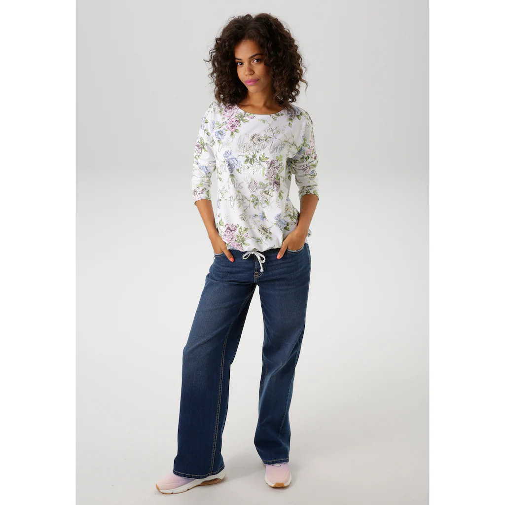 Aniston CASUAL Langarmshirt mit silberfarbenen Schriftzug verzierter Rosendruck - NEUE KOLLEKTION Große Rabatte