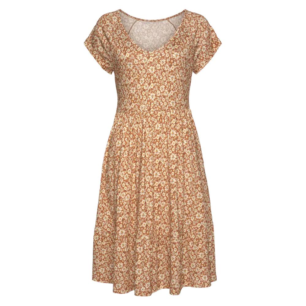 Buffalo Jerseykleid mit Blümchenprint und V-Ausschnitt Sommerkleid Strandkleid Kostenlose Rückgabe